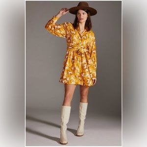Anthropologie Maeve dog print mini shirt dress in gold, size medium.